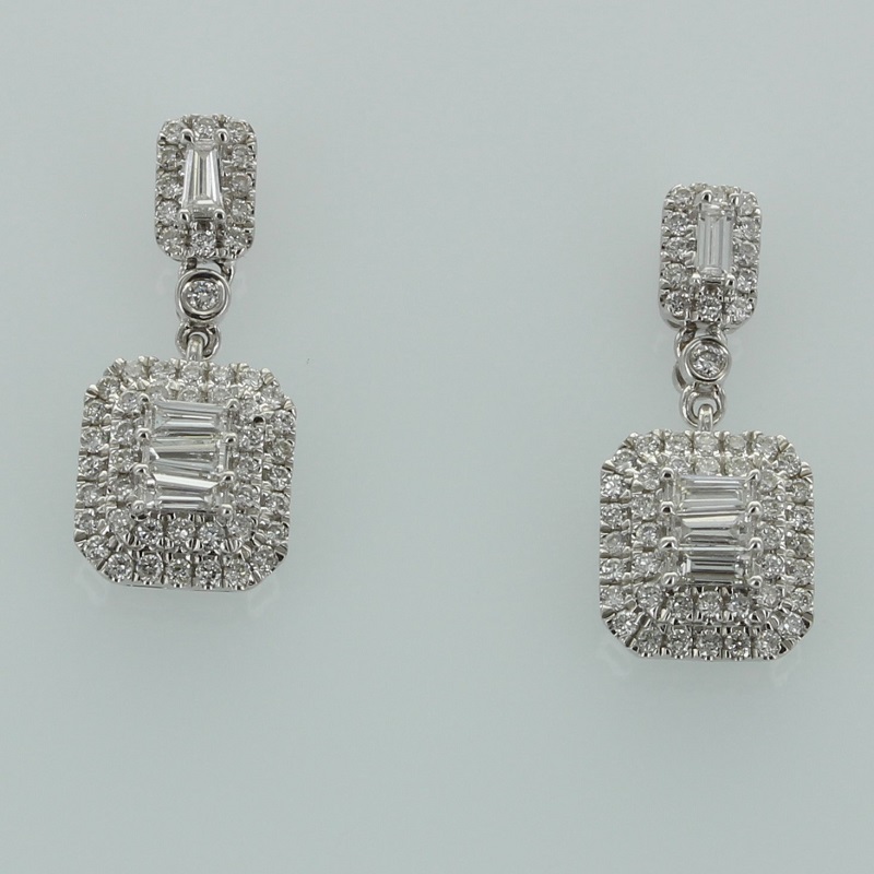 White gold diamond drop earrings with bagettes & round diamonds