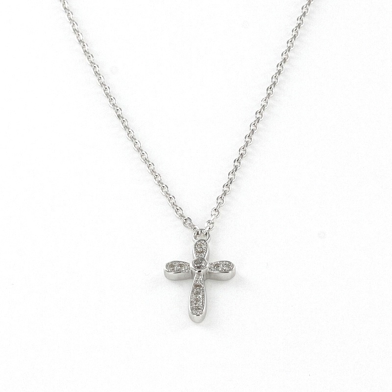 925 Sterling Silver Rounded Edge Cross with Cubic Zirconias Necklace 43.5cm