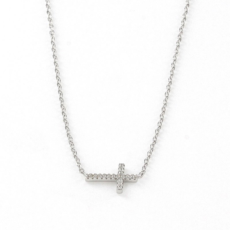 Sterling Silver side cross with cubic zirconias necklace 41.5cm