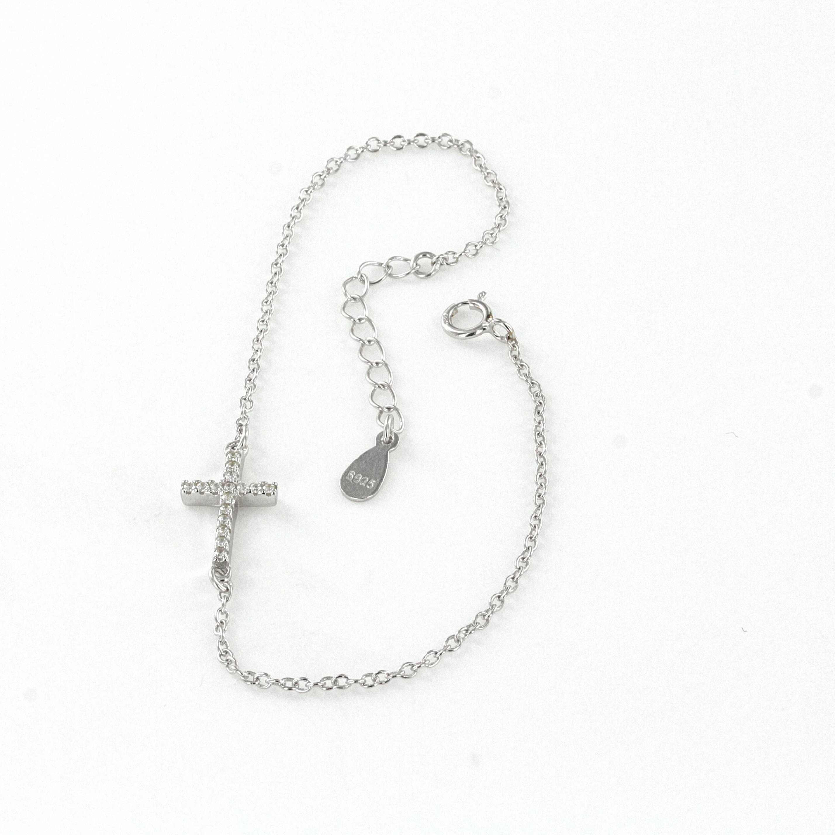 Cross Bracelet with Cubic Zirconias in Sterling Silver